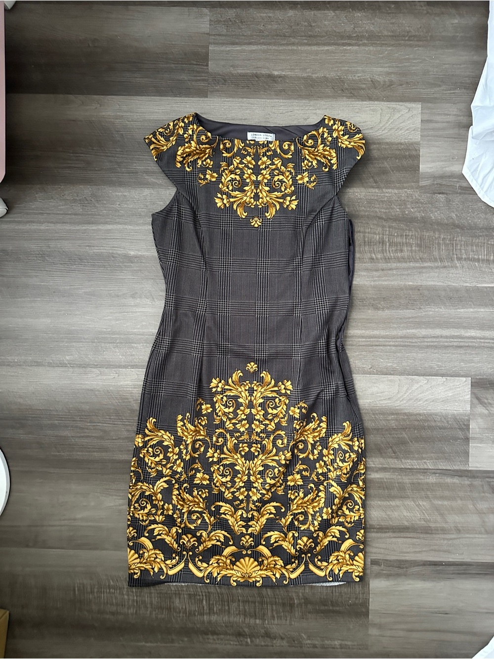 London Style Gray Midi Dress with Gold Baroque Print